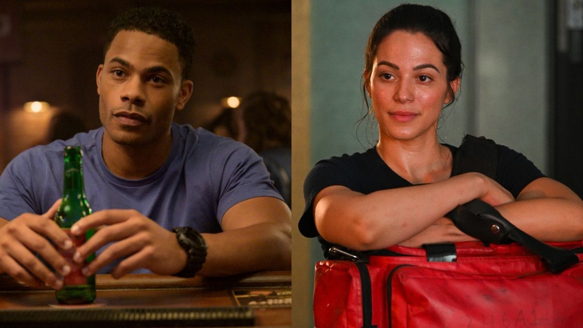 From left to right: Jordan Calloway as Jake sitting at a bar holding a green bottole and Stephanie Arcila as Gabriela leaning on a medical bag in a fire department.