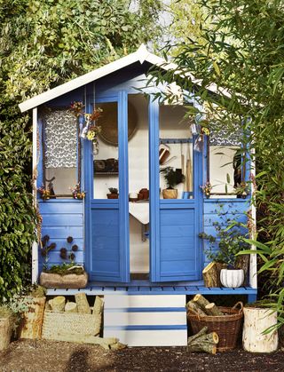 garden with shed painted blue by cupriol uk