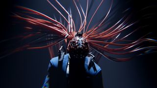 character wearing helmet with dozens of wires attached like a sea creature