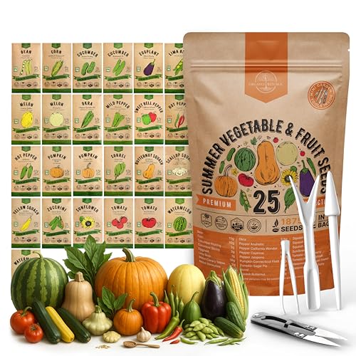 25 Summer Vegetable &amp;amp; Fruit Seeds Variety Pack - 1,870+ Non-Gmo Heirloom Veggie &amp;amp; Fruits Seeds for Outdoors and Indoor Home Gardening, Including Collards, Tomato, Pepper, Okra, Onion, Bean, Cucumber