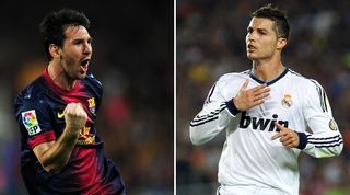 A combination of two pictures showing Lionel Messi and Cristiano Ronaldo celebrating during a 2-2 draw between Barcelona and Real Madrid in 2012, when they scored two goals each at Camp Nou.