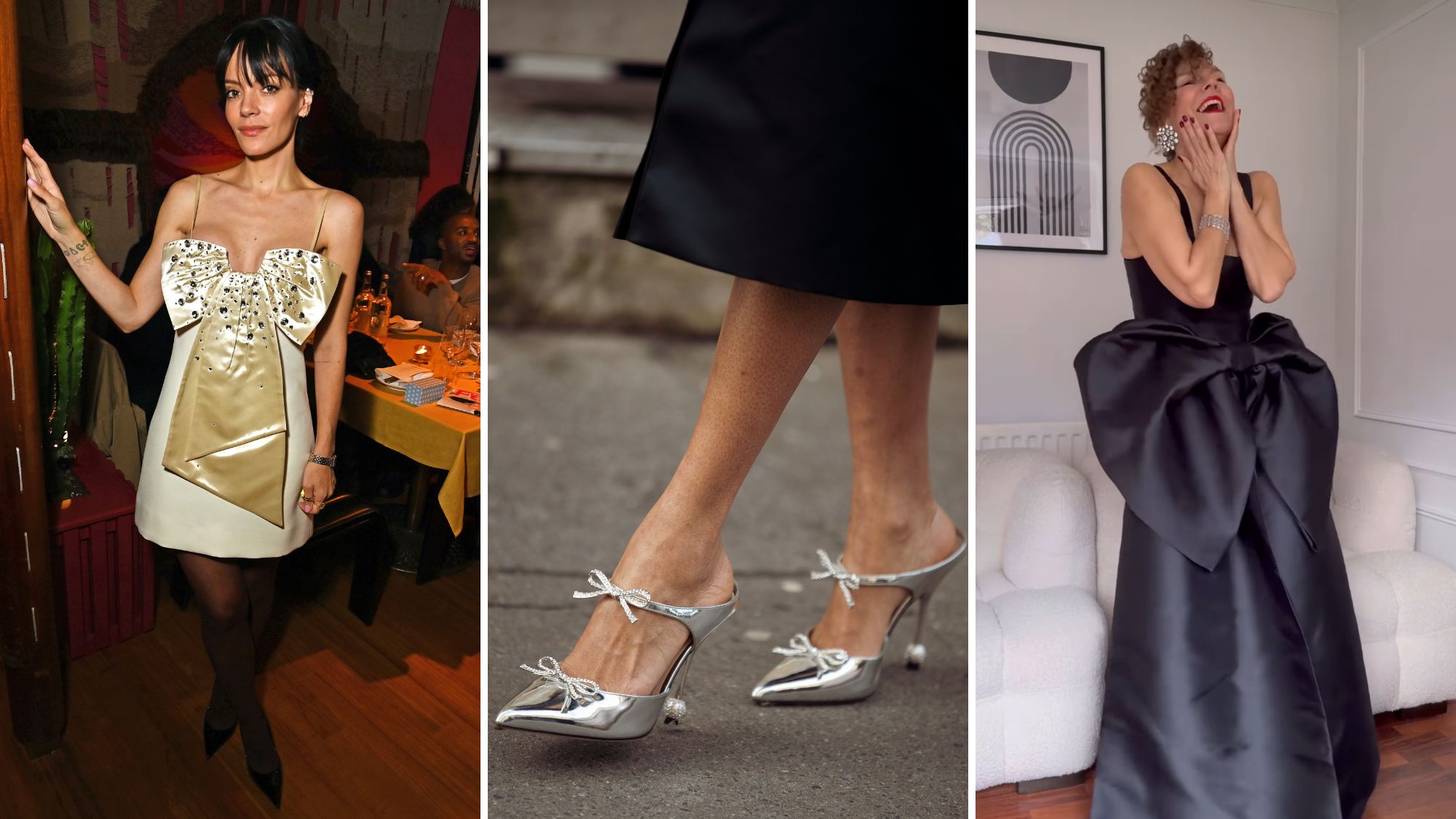 lily allen wearing a bow dress, a woman wearing silver bow heels, and renia jaz wearing a bow top