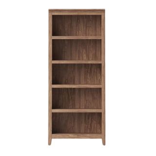 A dark brown wooden tiered bookshelf