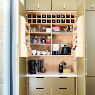 Khaki green kitchen pantry cupboard with open doors to show internal storage