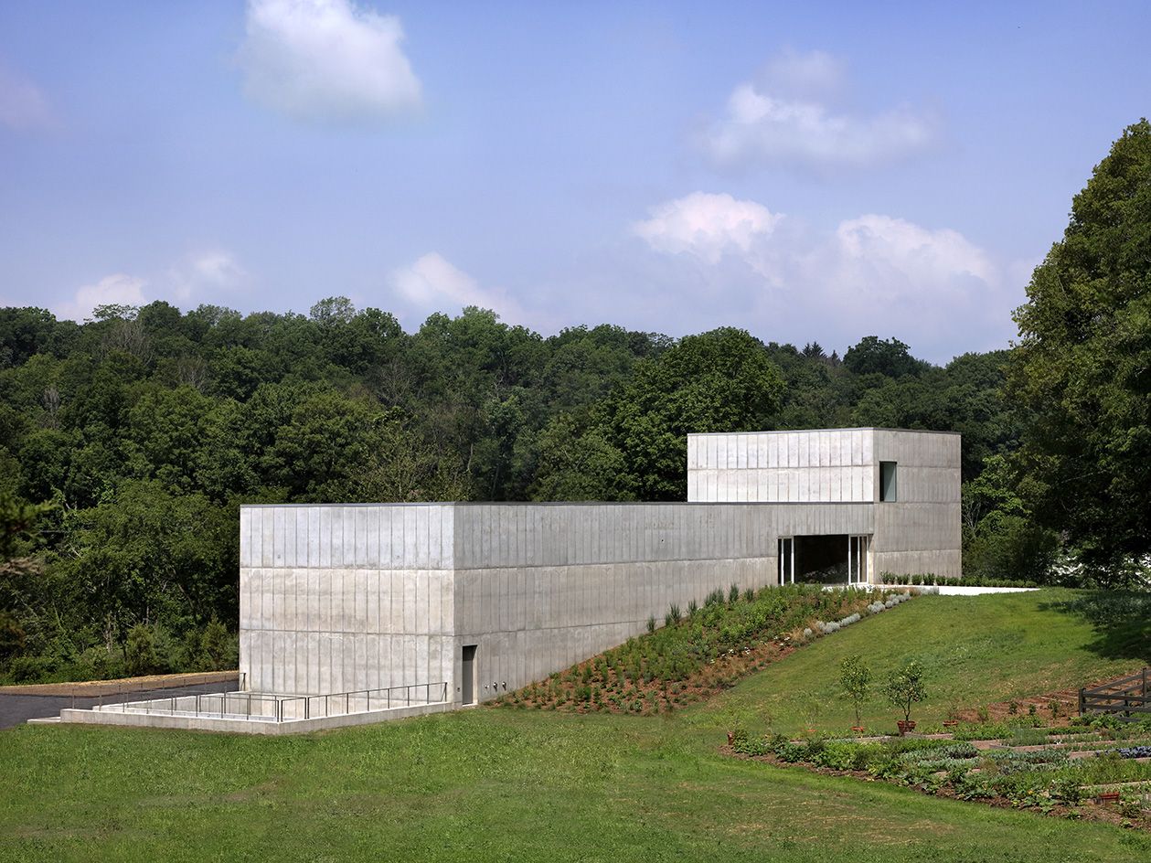 exterior of concrete volume at Magazzino Italian Art