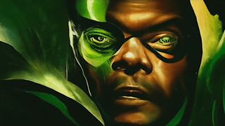 An AI-generated image of Samuel L Jackson, blended with alien green imagrey, from the Marvel: Secret Invasion opening credits sequence.