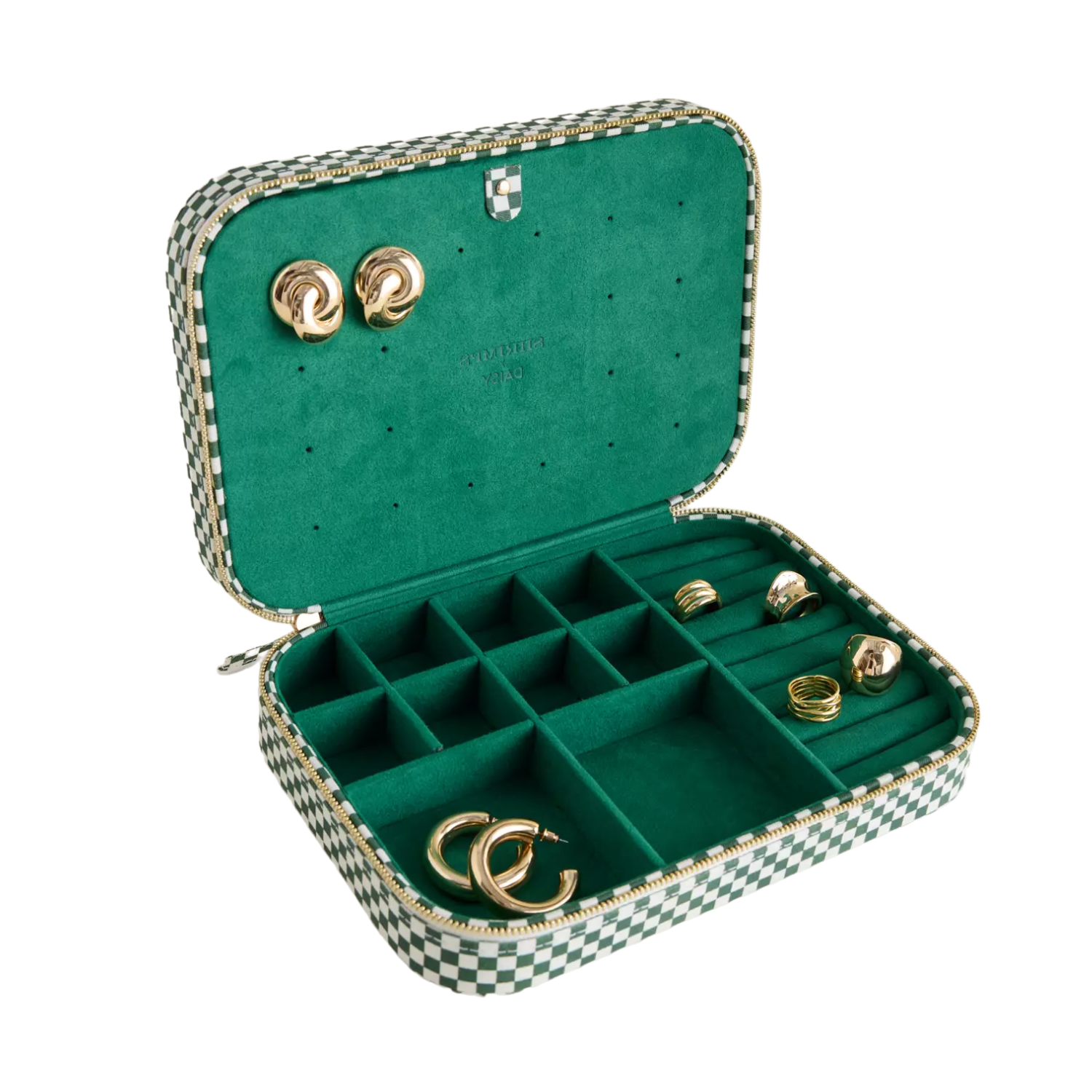 A green and white checkerboard jewelry case from Anthropologie