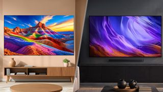 A side-by-side composite of two images: On the left is a wall-mounted LG B6 OLED displaying a rainbow-colored landscape, and on the right is a wall-mounted Samsung S85H OLED displaying abstract, blue-colored imagery.