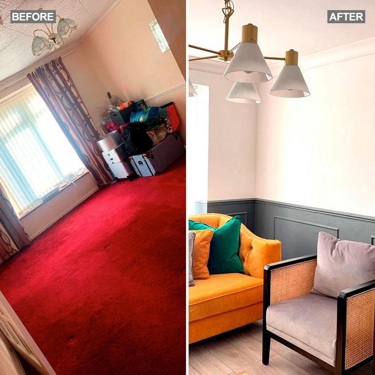 Living room wall panelling painted grey makes this makeover unmissable