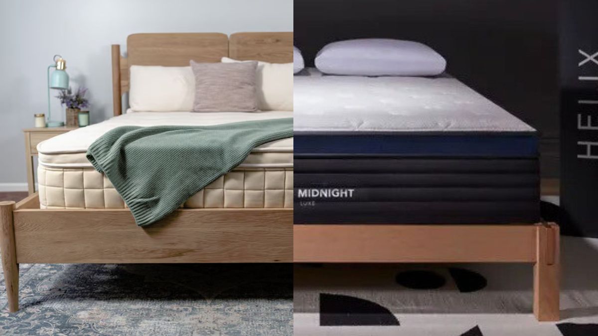 The image shows the Naturepedic Concerto mattress on the left and the Helix Midnight Luxe on the right