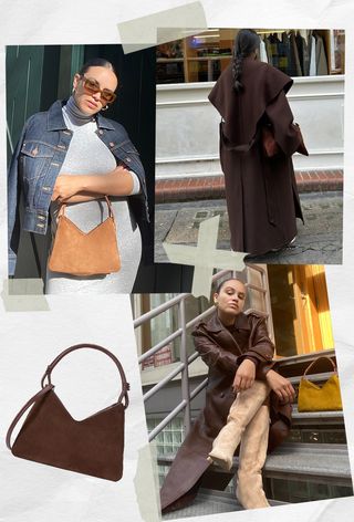 the best Staud bags shown in a collage of women carrying the Staud Valerie Bag