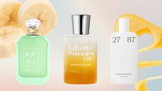 A collage of banana perfumes featured in the trend roundup, including Kayali's Maui Sweet Banana 37, Juliette Has A Gun's Banana Rush and 27 87's Hakuna Matata perfume, all featured on a multi-coloured background with stock images of banana slices and syrup