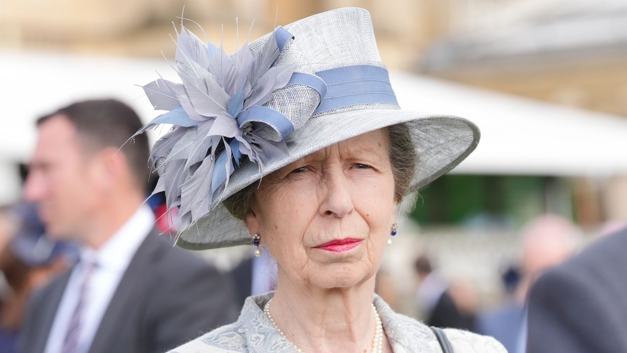 Princess Anne, wearing a silver-blue hat and coat dress, attends the Sovereign&#039;s Royal National Lifeboat Institution garden party at Buckingham Palace on May 23, 2024