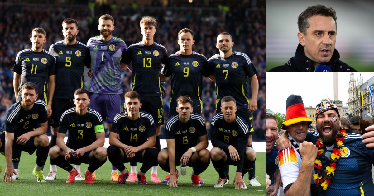 Scotland players pose for a team photograph prior to the international friendly match between Scotland and Finland at Hampden Park on June 07, 2024 in Glasgow, Scotland with an inset picture of Gary Neville, and a second inset picture of Scotland fans in Munich