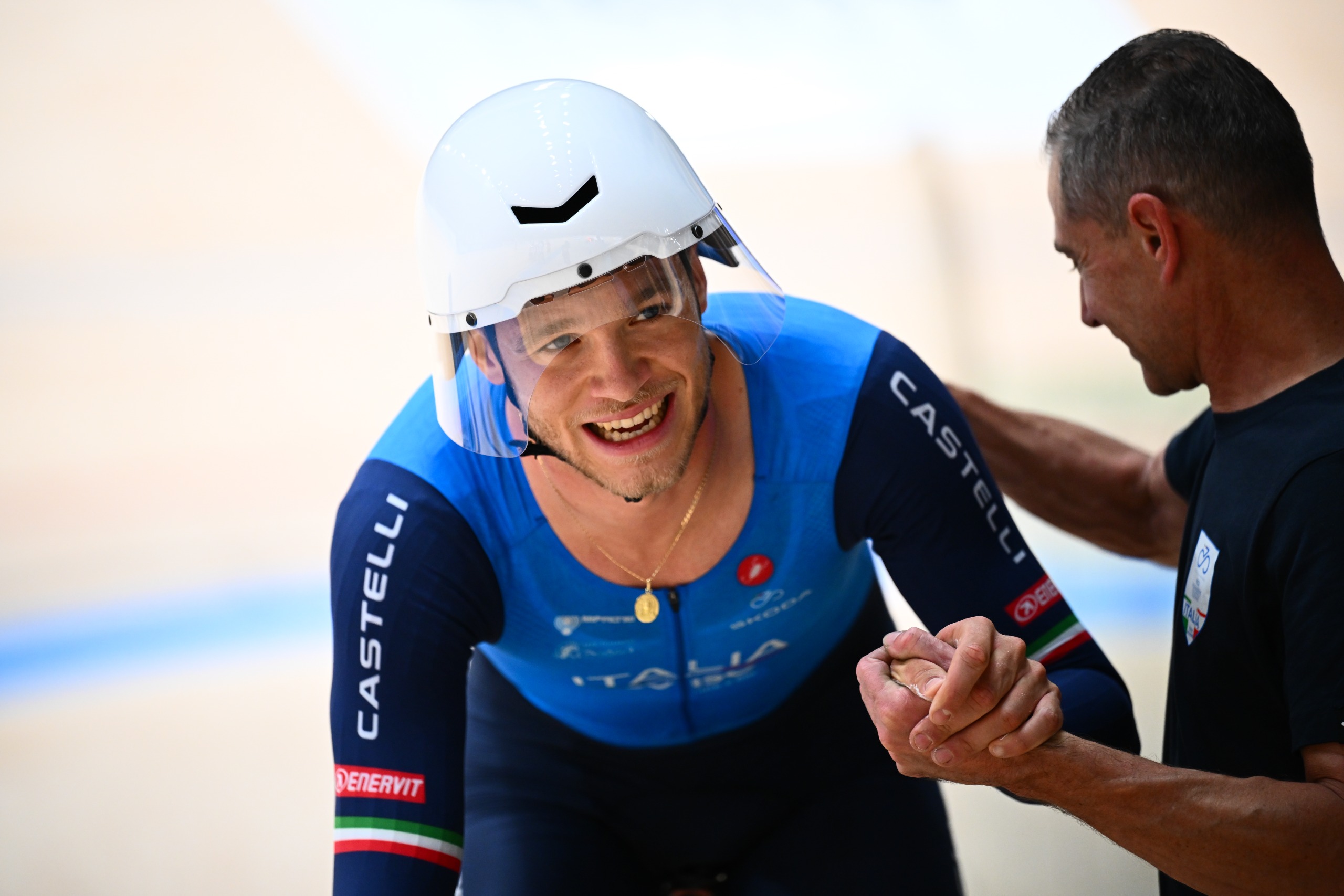 Jonathan Milan celebrates after setting the individual pursuit world record in Shanghai