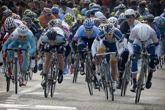 Marcel Kittel (Argos - Shimano), Mark Cavendish (Omega Pharma - QuickStep), Barry Markus (Vacansoleil - DCM) and Andrea Guardini (Astana) battle for the win in Scheldeprijs