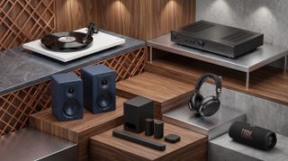 A selection of AV products arranged on shelves.