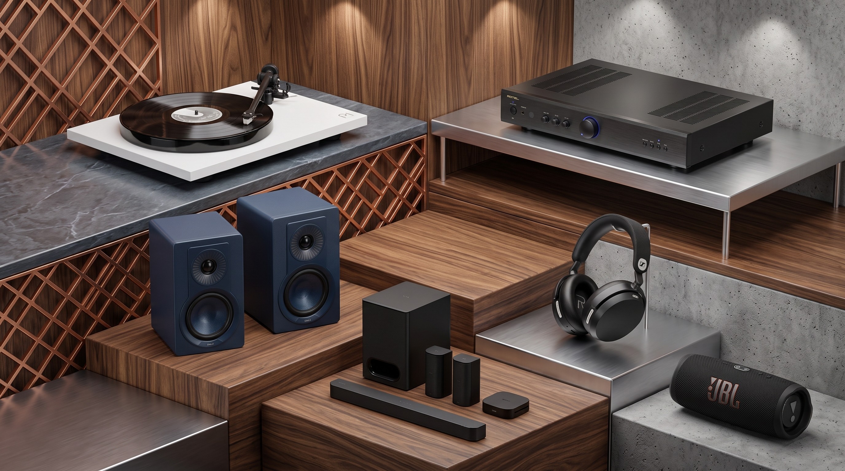 A selection of AV products arranged on shelves.