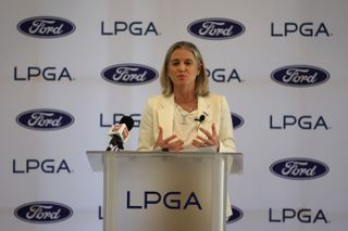 Mollie Marcoux Samaan speaks during the Ford Championship title partner announcement at Seville Golf and Country Club on February 13, 2024 in Gilbert, Arizona