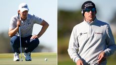 Maverick McNealy lines up a putt, Joel Dahmen walks on the fairway