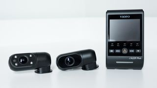 Viofo A229 plus dash cam showing the main unit, the rear camera and the interior camera