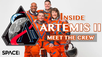 Four astroanuts in orange spacesuits with a NASA Artemis 2 patch