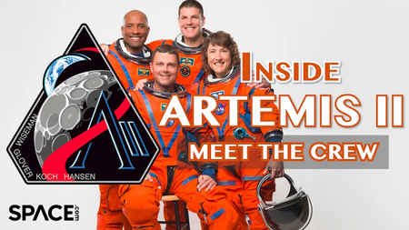 Four astroanuts in orange spacesuits with a NASA Artemis 2 patch