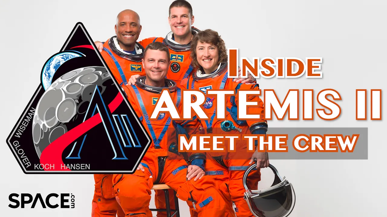 Four astroanuts in orange spacesuits with a NASA Artemis 2 patch