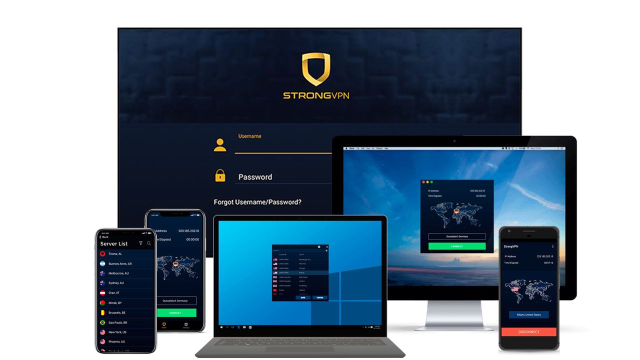 StrongVPN interface across a number of devices including Windows, Mac, iOS, Android