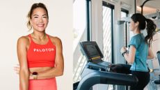 Susie Chan, instructor at Peloton, next to shot of woman incline running on a treadmill in gym wearing headphones