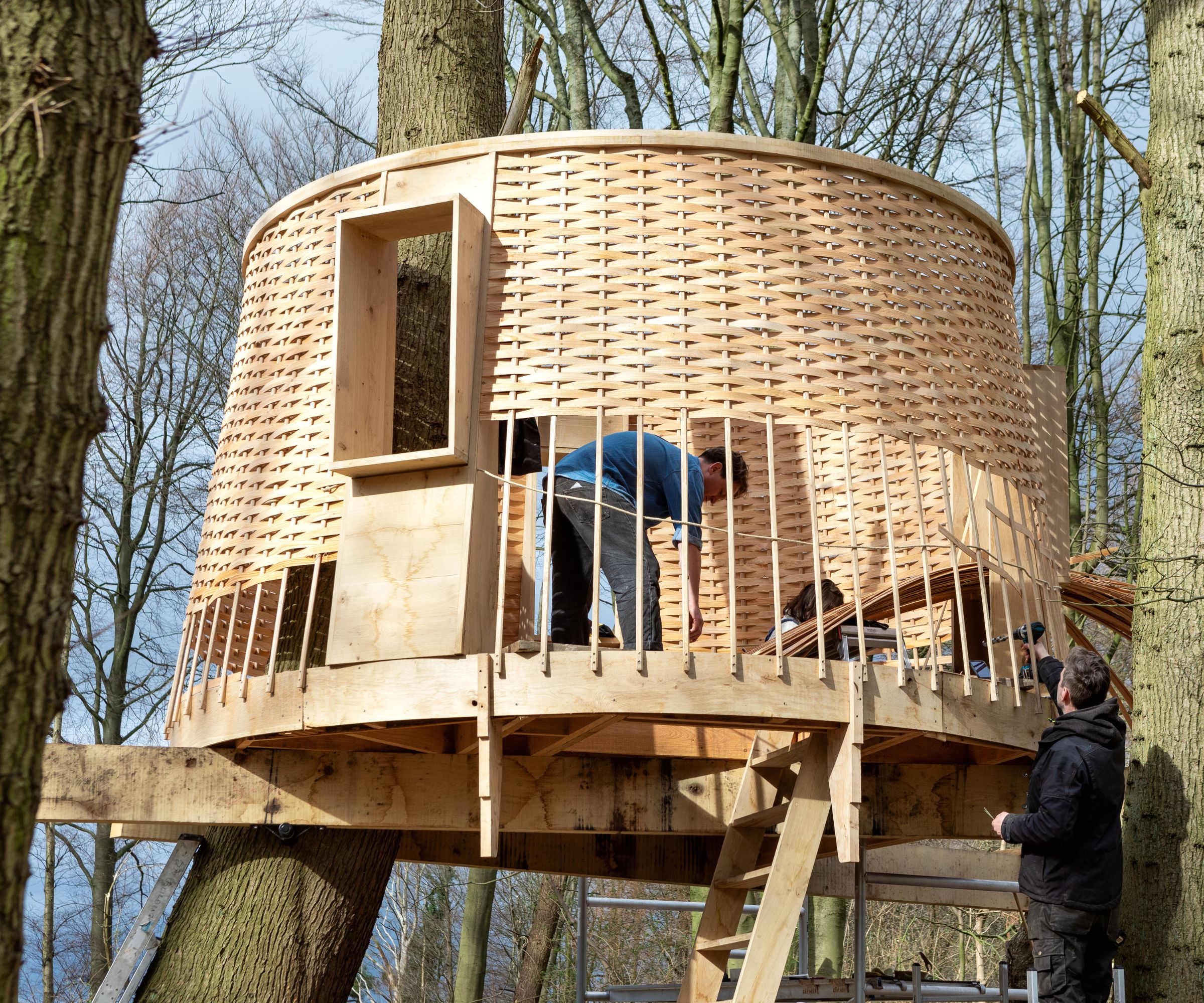 A treehouse takes shape with an intricate woven-timber exterior designed to echo the textures of its surrounding woodland.