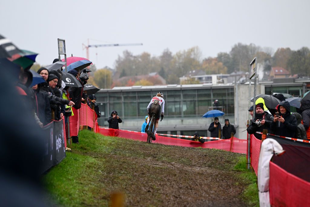OVERIJSE BELGIUM NOVEMBER 20 Detailed view of Puck Pieterse of The Netherlands and Team Alpecin Deceuninck competes during the 62nd UCI Cyclocross World Cup Druivencross Overijse 2022 Womens Elite CXWorldCup Overijse Cyclocross on November 20 2022 in Overijse Belgium Photo by Luc ClaessenGetty Images