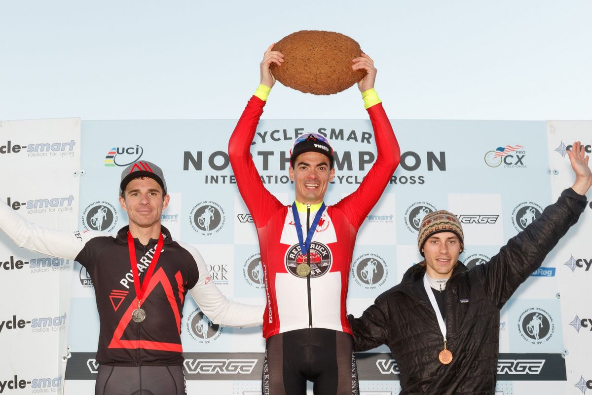 The Elite Men's podium: Gagne wins, McNicholas second, Dodge third