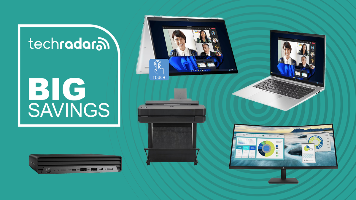 HP products on a cyan background with TechRadar logo and the text Big Savings