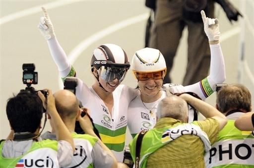 Kaarle McCulloch and Anna Meares celebrate their second world title and world record in the women's team sprint.