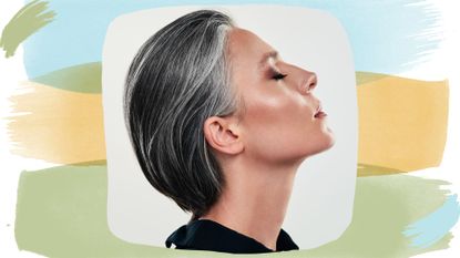 A woman with grey hair and beautiful glowing skin to illustrate makeup tips for older women