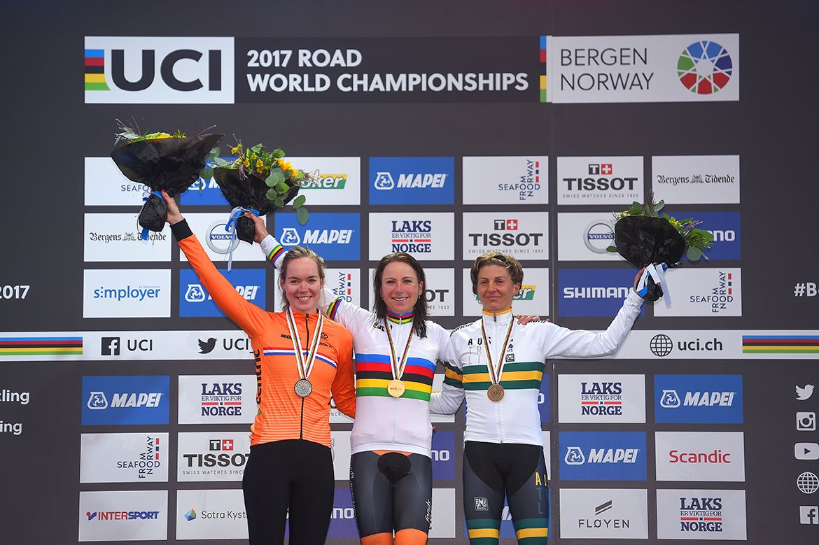 Annemiek van Vleuten (Netherlands) winner of the women's time trial title, flanked by Anna van der Breggen and Katrin Garfoot