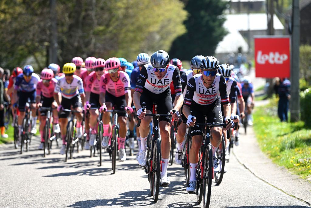 HUY BELGIUM APRIL 19 LR Vegard Stake Laengen of Norway and Felix Groschartner of Austria and UAE Team Emirates compete during the 87th La Fleche Wallonne 2023 Mens Elite a 1943km one day race from Herve to Mur de Huy UCIWT on April 19 2023 in Huy Belgium Photo by Luc ClaessenGetty Images