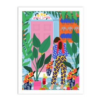 A colorful art print of a woman tending an indoor garden