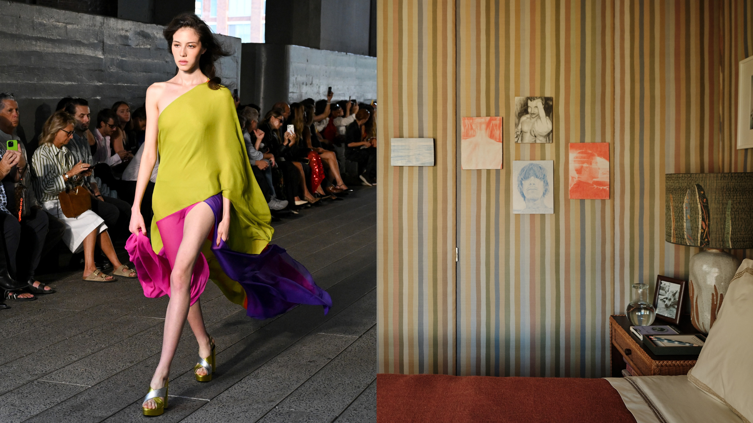 Side-by-side of an asymmetric chartreuse DVF runway look against a striped bedroom featuring an off-kilter cluster of tiny wall art