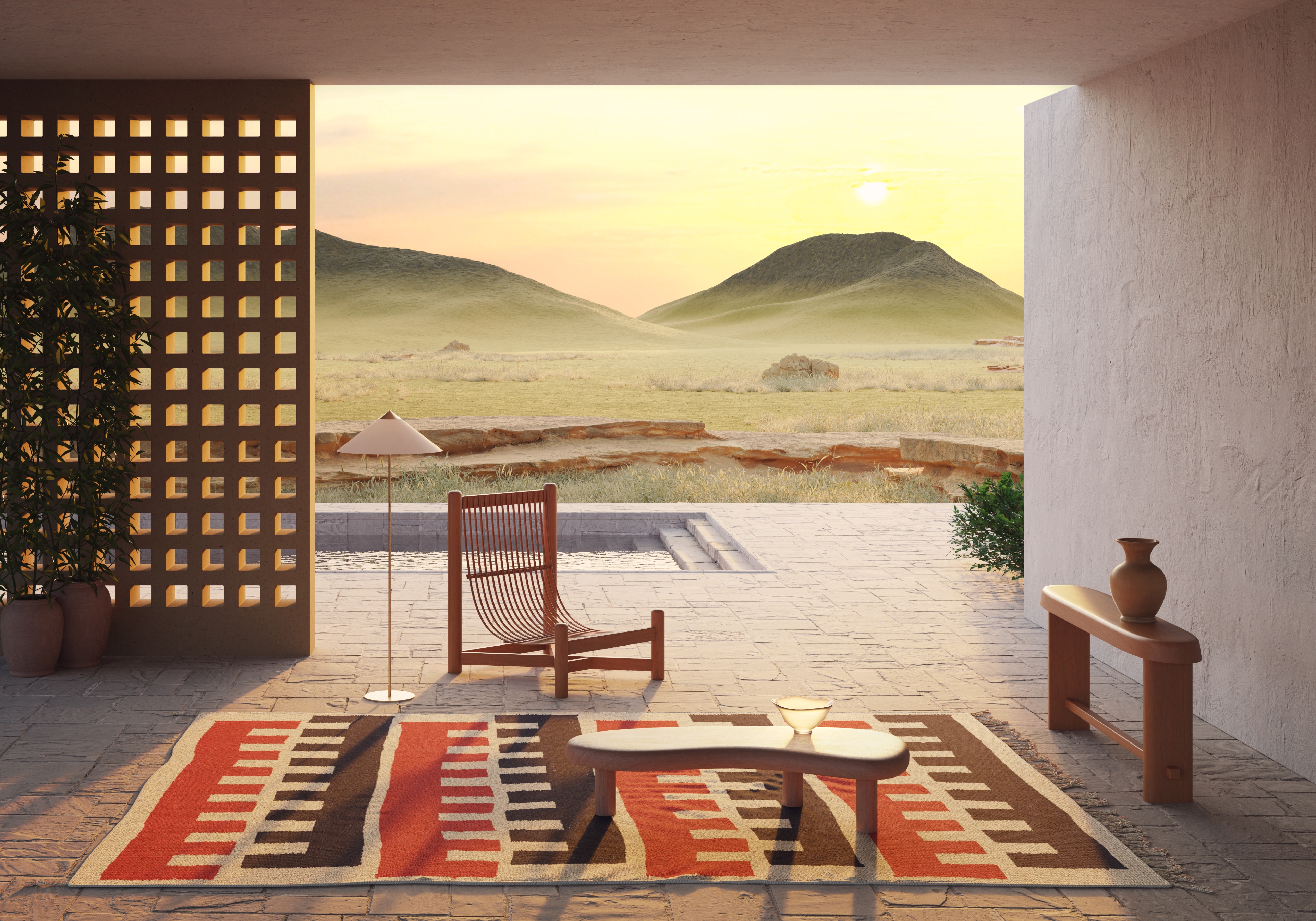Orange and brown patterned rug outdoors