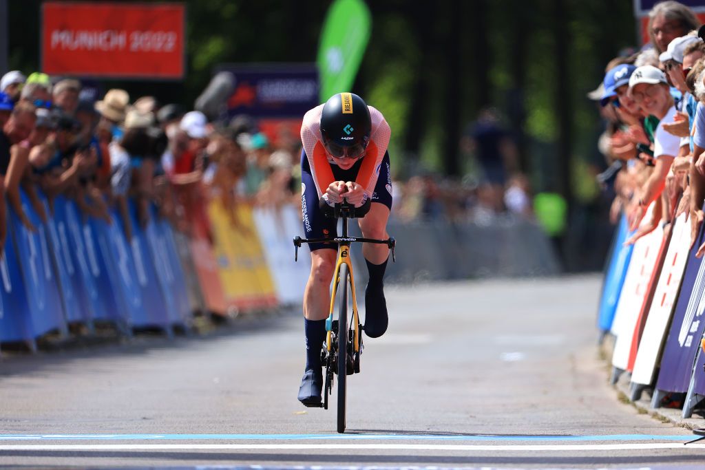 FRSTENFELDBRUCK GERMANY AUGUST 17 Riejanne Markus of The Netherlands sprints during the 28th UEC Road Cycling European Championships 2022 Womens Individual Time Trial a 24km one day race from Frstenfeldbruck to Frstenfeldbruck on August 17 2022 in Frstenfeldbruck Germany Photo by Jan HetfleischGetty Images