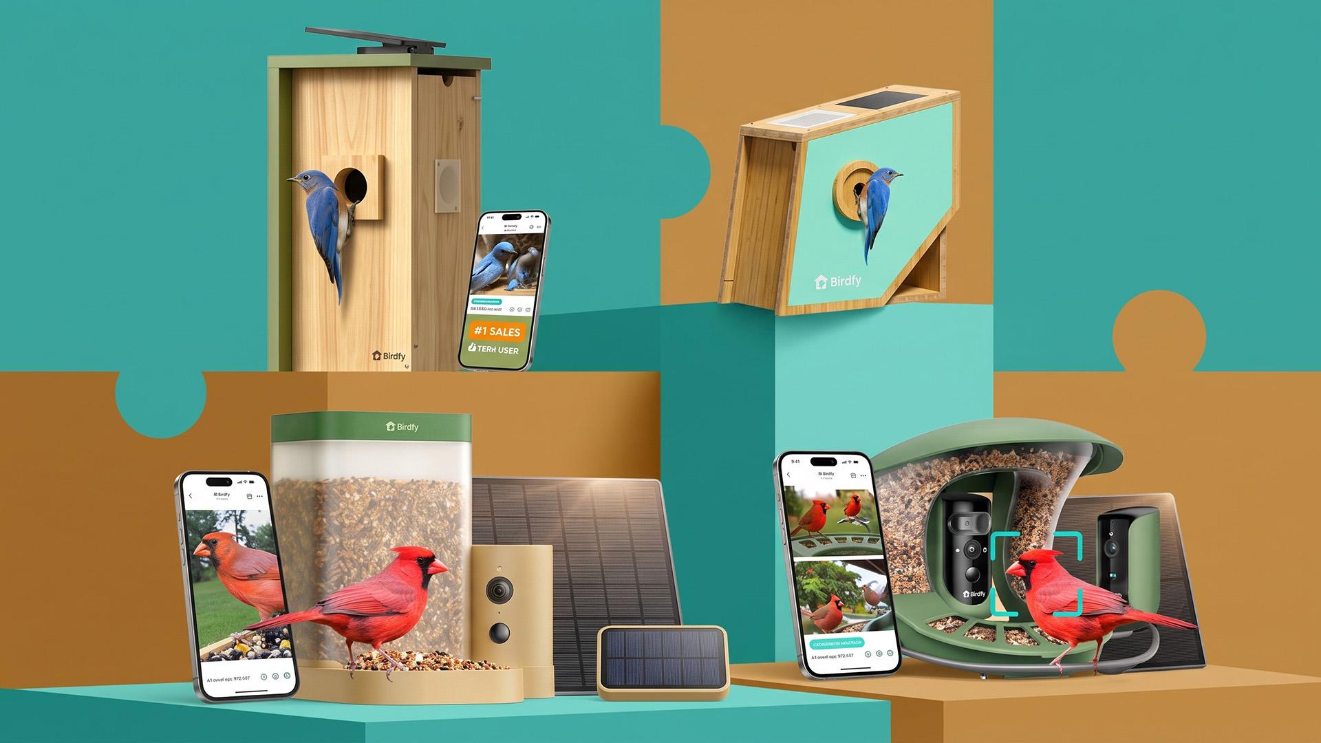 A selection of Birdfy birdfeeders.
