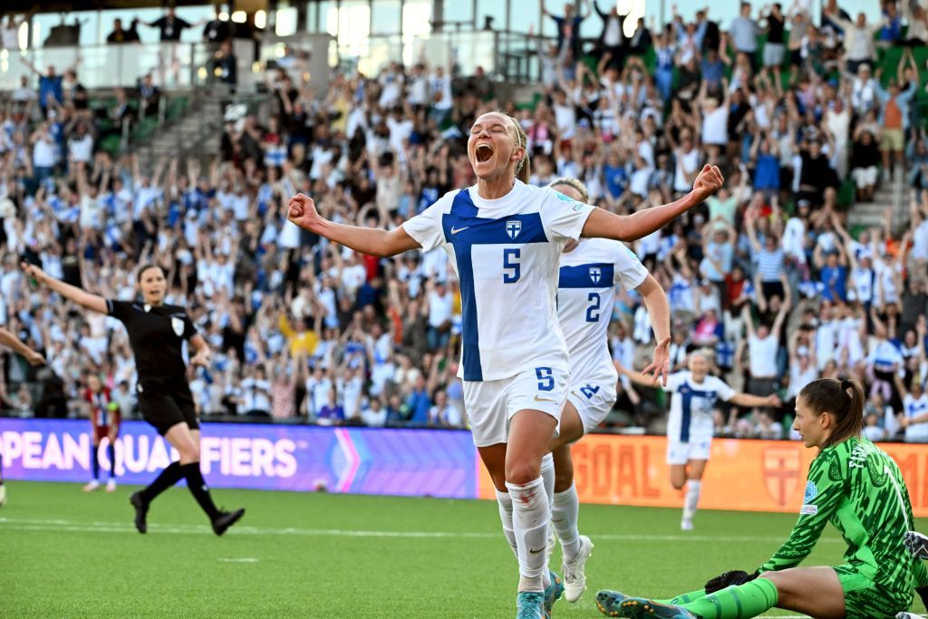 Finland&#039;s defender #09 Emma Koivisto celebrates scoring during the UEFA Women&#039;s Euro 2025 League A Group 1 qualifying football match between Finland and Norway in Turku, Finland, on July 12, 2024