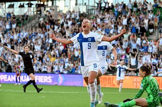 Finland's defender #09 Emma Koivisto celebrates scoring during the UEFA Women's Euro 2025 League A Group 1 qualifying football match between Finland and Norway in Turku, Finland, on July 12, 2024