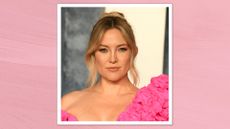  Kate Hudson is pictured with her hair up and wearing a pink dress whilst arriving at the Vanity Fair Oscar Party Hosted By Radhika Jones at Wallis Annenberg Center for the Performing Arts on March 12, 2023 in Beverly Hills, California/ in a pink template