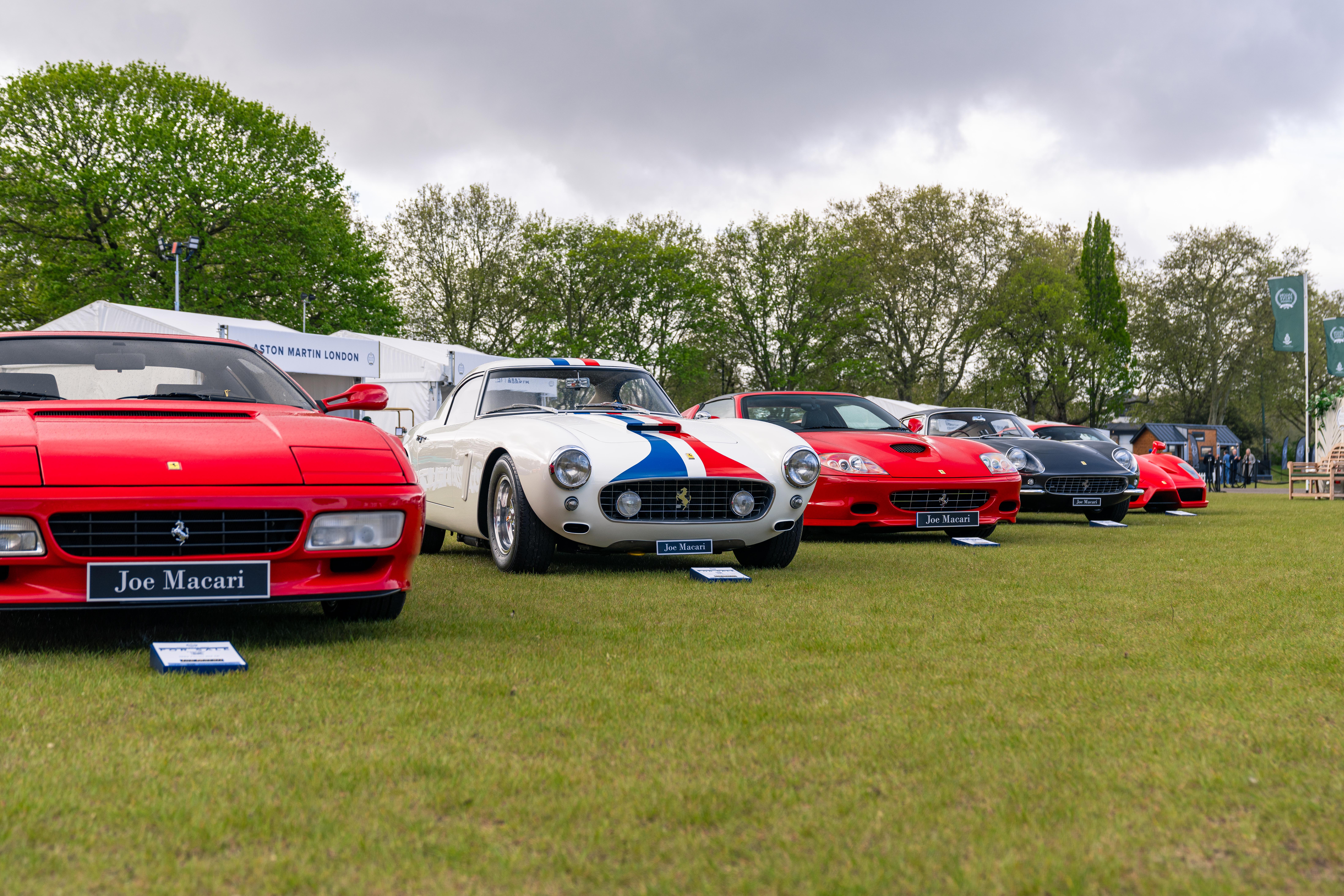 A row of vintage ferraris on a lawn