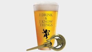 Game of Thrones quote pint glass behind a bottle opener-version of the Hand of the King pin