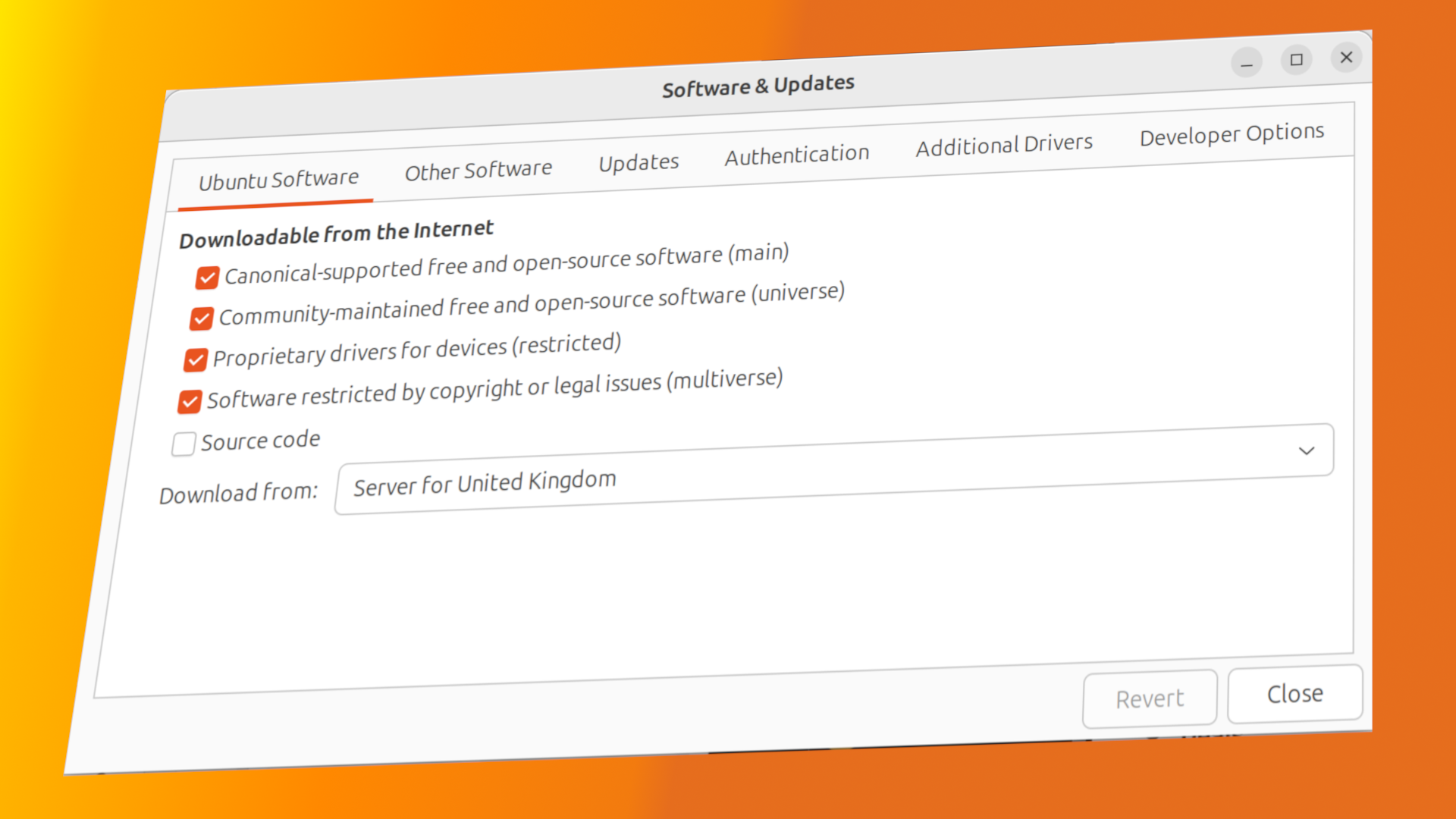Ubuntu's software updater on an orange background.