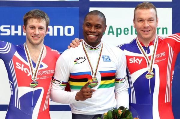 I&rsquo;m number one again... Gregory Bauge on the sprint podium with Kenny and Hoy.